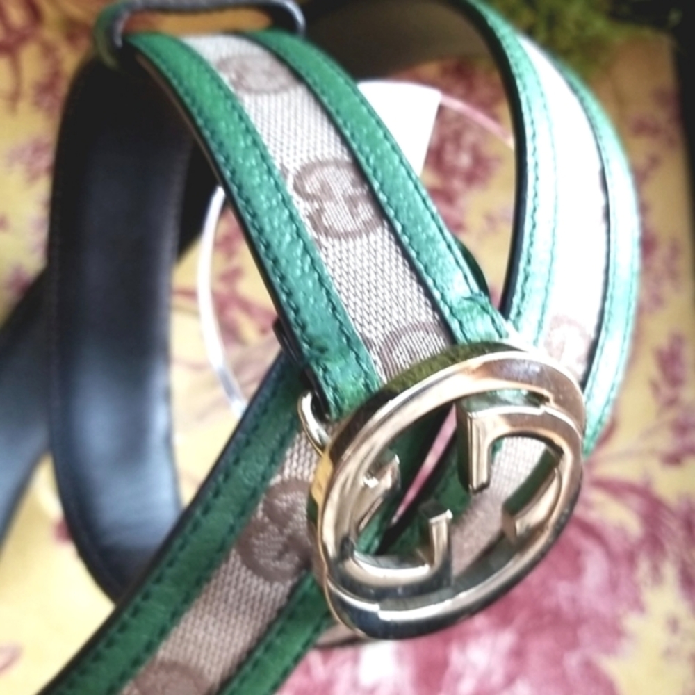GUCCI Y2k MONOGRAM HTF Forest Green Leather Brown Canvas Luxury GG Buckle BELT - Picture 12 of 12
